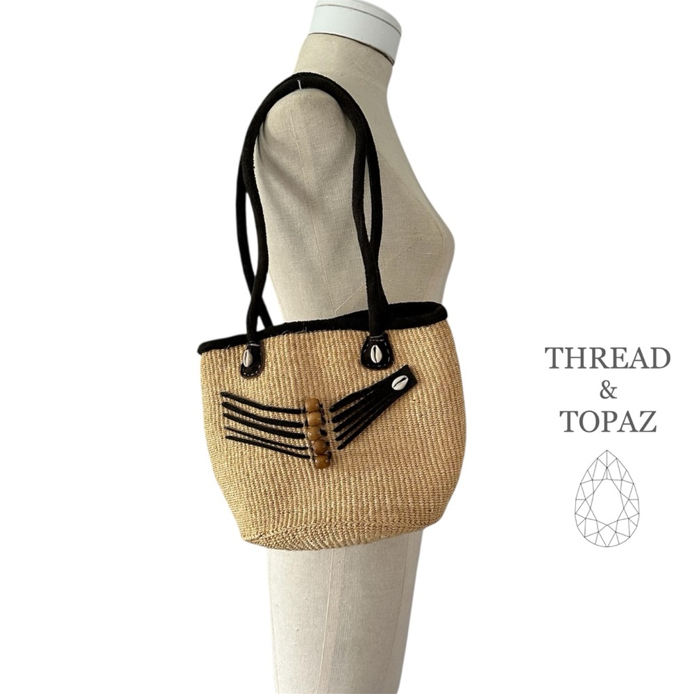 Handcrafted Kenyan Kiondo Sisal and Suede Tote Bag with Cowrie Shell Decoration